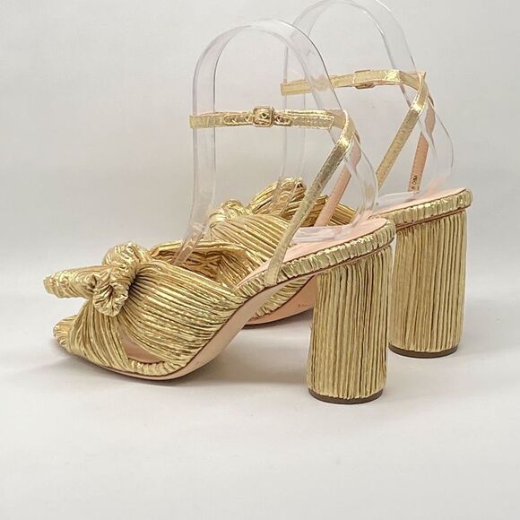 Loeffler Randall Camellia Gold Pleated Bow Heel Sandals size 6.5 - Picture 8 of 13